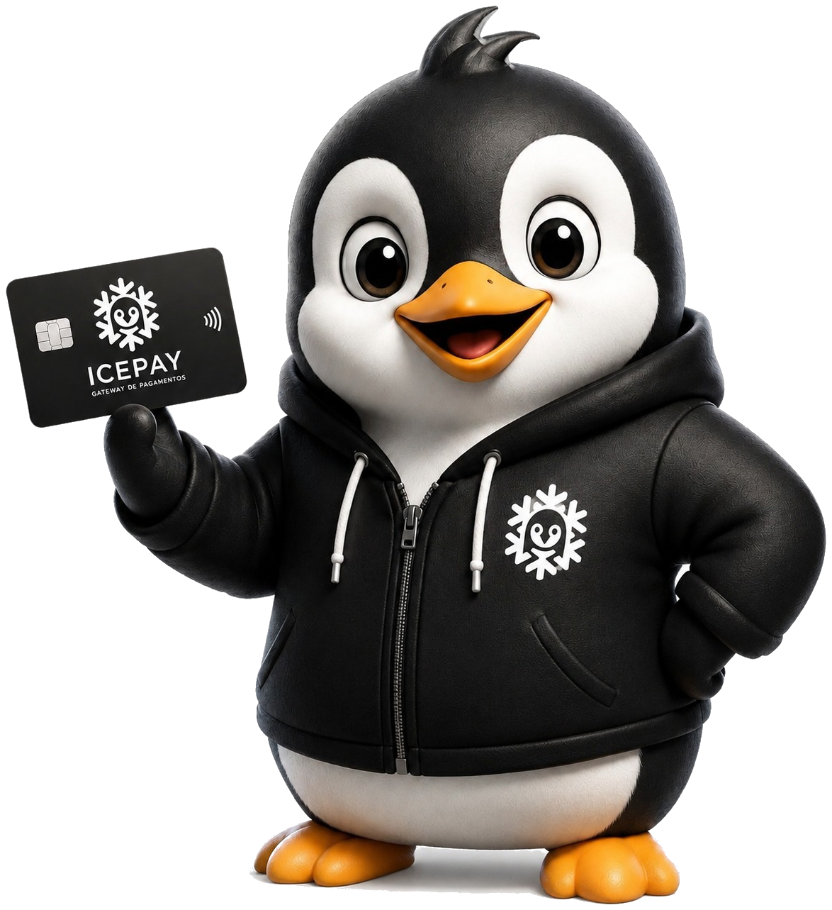 Pinguim mascote da IcePay segurando um cartão IcePay